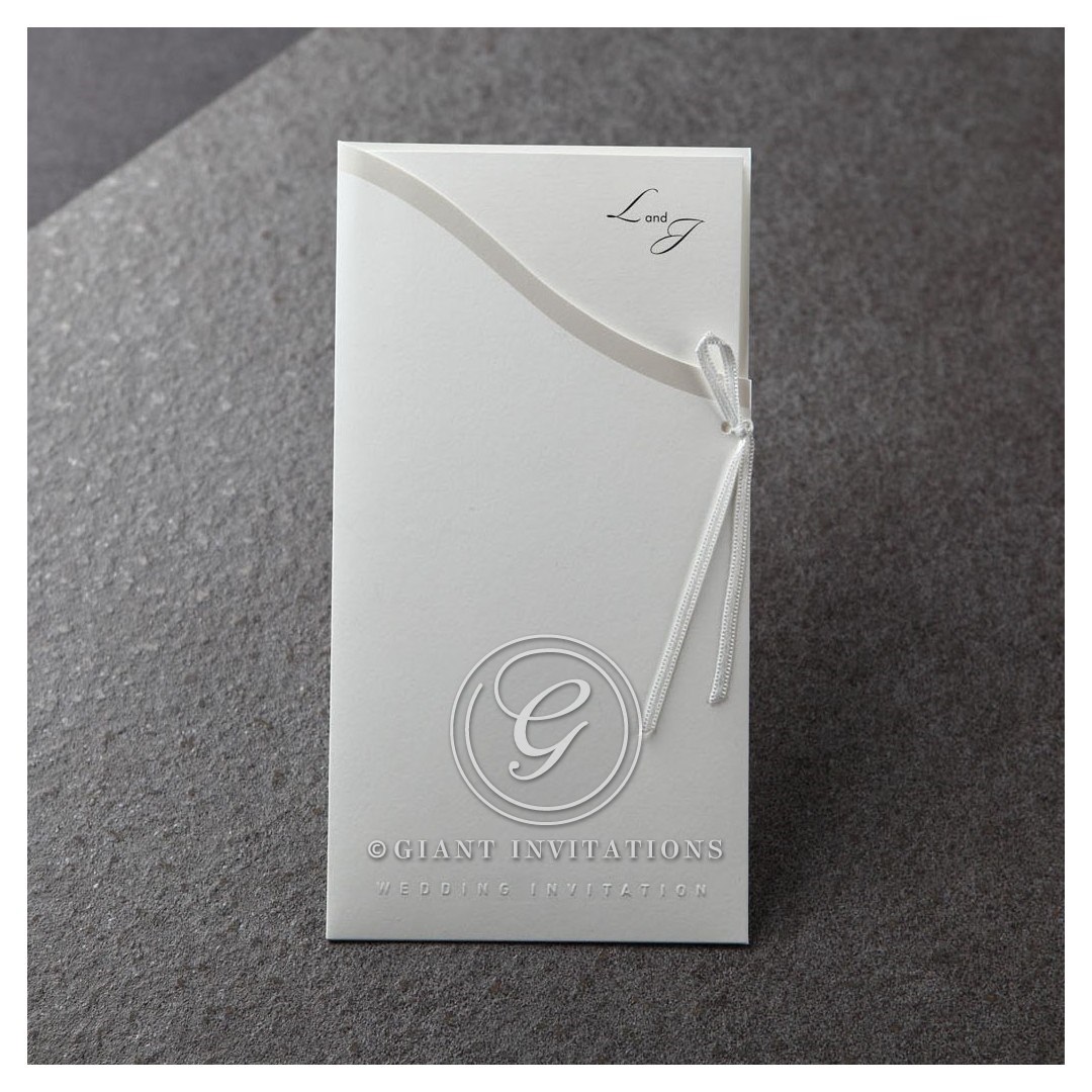 Silk screened insert card printed in calligraphic fonts inserted in a mesmerizing pocket with silver foiled brim and finished by a dainty sparkling bow
